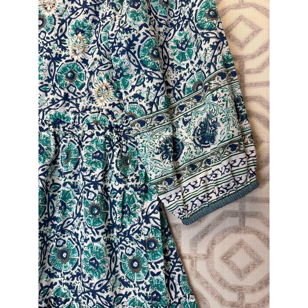 Soft Surroundings Size M Boho Floral Medallion Tunic Dress Tassel Tie Teal Green - Picture 5 of 8
